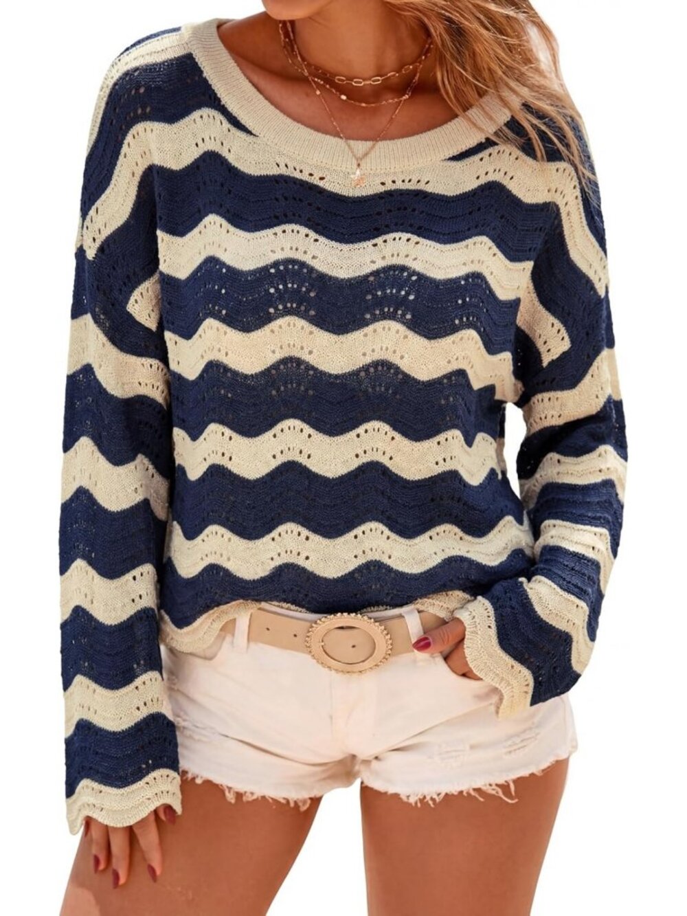 Oversized Crochet Bell Sleeve Striped Linen Blend Beach Top for Vacation 2026